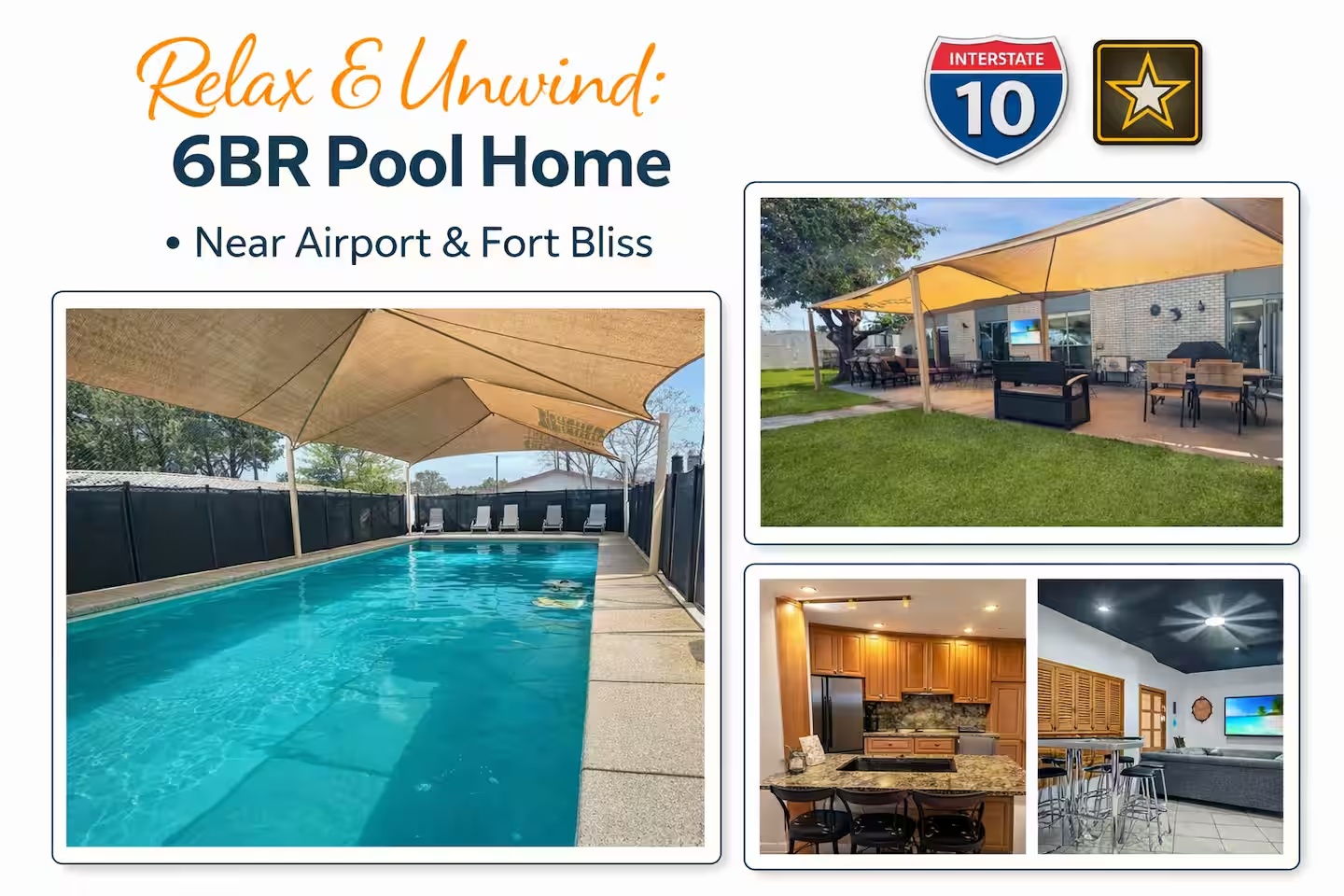 Covered Pool, 2 Kitchens, Sleeps 14 near I-10